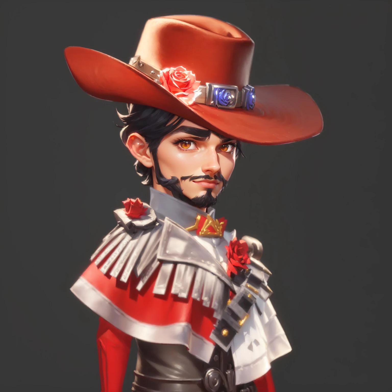 Cowboy wearing hat and mittens and red gloves, There is a rose on the hat，There are two roses on the shoulders and chest，Stylized characters design, very Stylized characters design, very detailed character, Stylized characters, Super detailed fantasy characters, game character, game character design, Full body portrait, videogame character, Unrealistic character concept, video game character concept, 3D rendering style, Male Characters, Full body portrait, masterpiece, best quality, (Extremely detailed CG unity 8k wallpaper), (best quality), (Best Illustration), (Best shadow), absurd, Realistic lighting, (abyss), Beautiful and delicate light, Artworks by Peter Mohr Bacher,