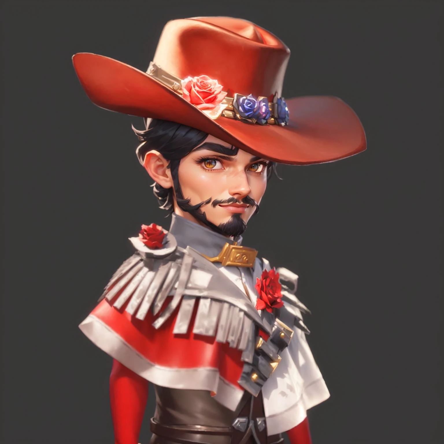 Cowboy wearing hat and mittens and red gloves, There is a rose on the hat,There are two roses on the shoulders and chest,Stylized characters design, very Stylized characters design, very detailed character, Stylized characters, Super detailed fantasy characters, game character, game character design, Full body portrait, videogame character, Unrealistic character concept, video game character concept, 3D rendering style, Male Characters, Full body portrait, masterpiece, best quality, (Extremely detailed CG unity 8k wallpaper), (best quality), (Best Illustration), (Best shadow), absurd, Realistic lighting, (abyss), Beautiful and delicate light, Artworks by Peter Mohr Bacher,