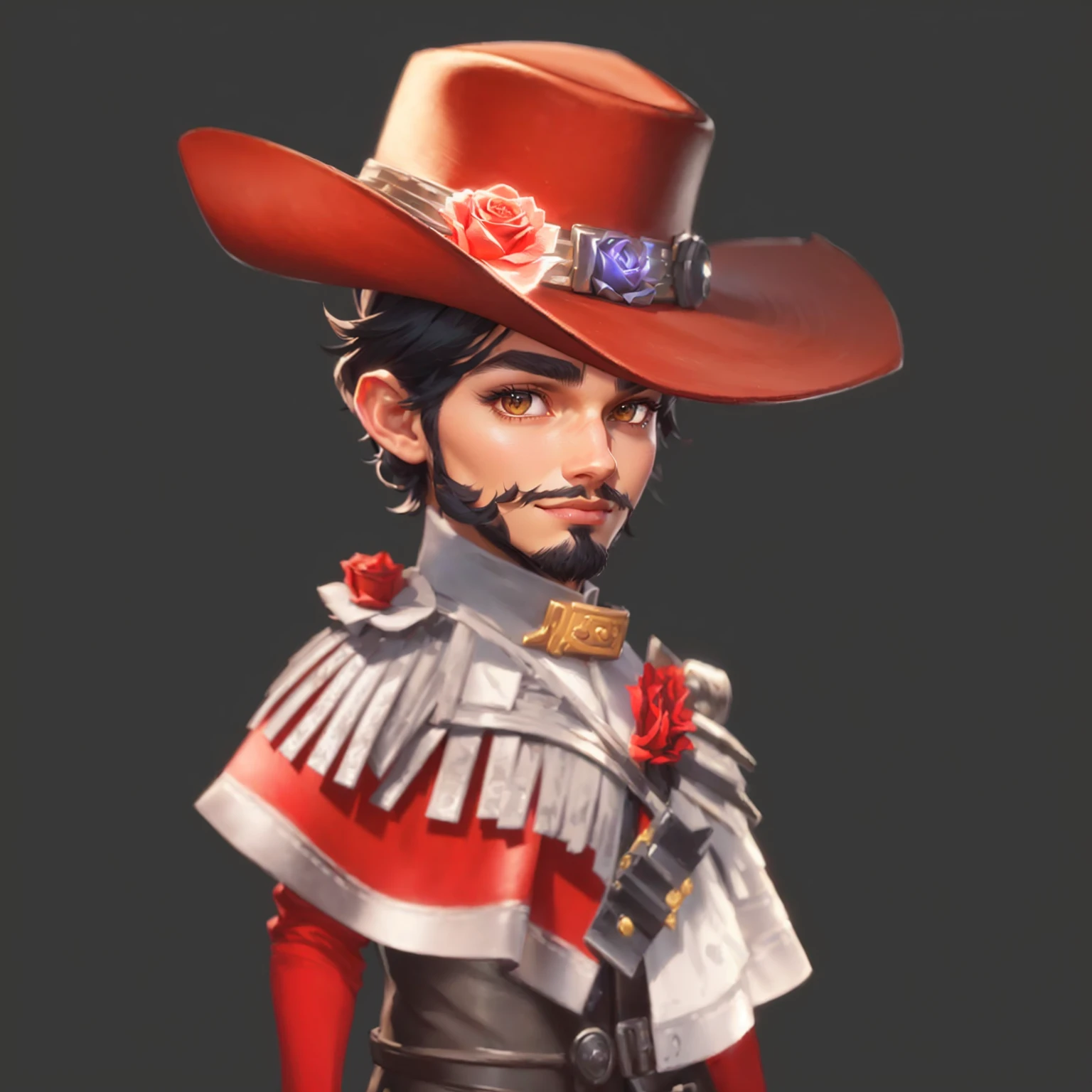 Cowboy wearing hat and mittens and red gloves, There is a rose on the hat,There are two roses on the shoulders and chest,Stylized characters design, very Stylized characters design, very detailed character, Stylized characters, Super detailed fantasy characters, game character, game character design, Full body portrait, videogame character, Unrealistic character concept, video game character concept, 3D rendering style, Male Characters, Full body portrait, masterpiece, best quality, (Extremely detailed CG unity 8k wallpaper), (best quality), (Best Illustration), (Best shadow), absurd, Realistic lighting, (abyss), Beautiful and delicate light, Artworks by Peter Mohr Bacher,