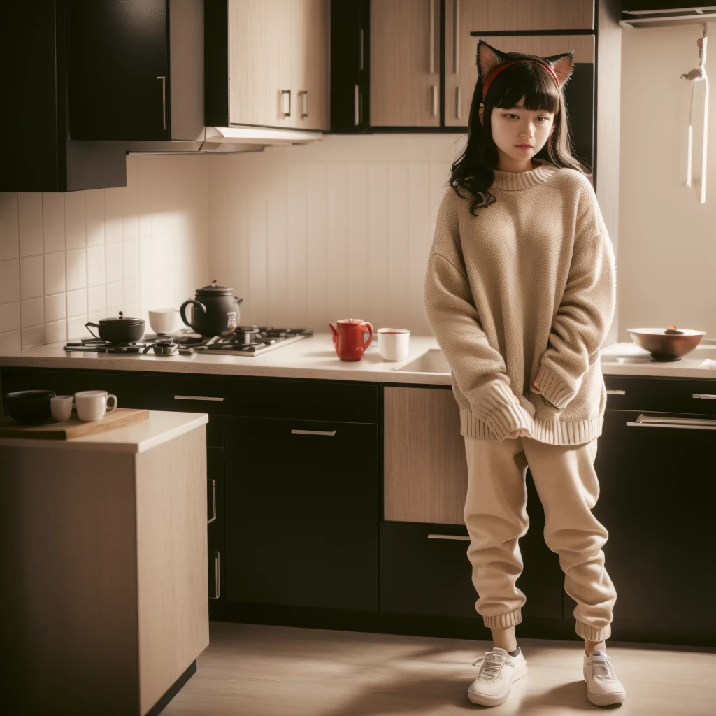 ((best qualityer)), ((work of art)), (detailded),cute japanese,((1girl)),alone,18 years old, ((porcelain cut white skin)),((black eyes)),(black long wavy hair,with bangs),((flushed skin)),,(Alone), (a detailed full-body RAW photo of a girl), (Artwork: 1), (best quality: 1.4), (Ultra high resolution: 1.2), (photorealistic: 1.4), 8k resolution, Canon EOS R5, 50mm, Absurd, ultra detailed, sharp focus, cinematic lighting, Detailed Beautiful Face,wearing a beige sweater, sweatpants,red cap,black cat ears,,drinking hot chocolate, little light in the kitchen, it's night, it's raining