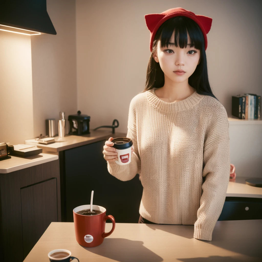 ((best qualityer)), ((work of art)), (detailded),cute japanese,((1girl)),alone,18 years old, ((porcelain cut white skin)),((black eyes)),(black long wavy hair,with bangs),((flushed skin)),,(Alone), (a detailed full-body RAW photo of a girl), (Artwork: 1), (best quality: 1.4), (Ultra high resolution: 1.2), (photorealistic: 1.4), 8k resolution, Canon EOS R5, 50mm, Absurd, ultra detailed, sharp focus, cinematic lighting, Detailed Beautiful Face,wearing a beige sweater, sweatpants,red cap,black cat ears,,drinking hot chocolate, little light in the kitchen, it's night, it's raining