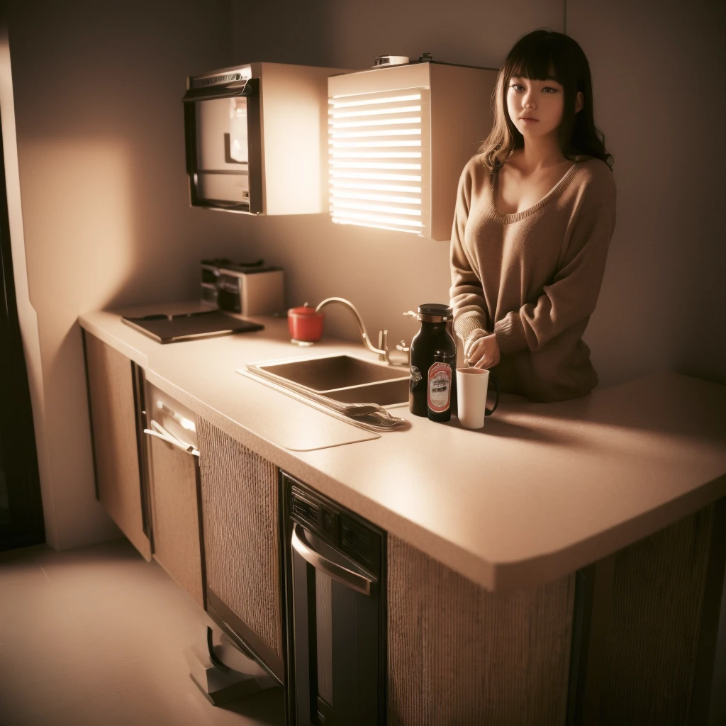 ((best qualityer)), ((work of art)), (detailded),cute japanese,((1girl)),alone,18 years old, ((porcelain cut white skin)),((black eyes)),(black long wavy hair,with bangs),((flushed skin)),,(Alone), (a detailed full-body RAW photo of a girl), (Artwork: 1), (best quality: 1.4), (Ultra high resolution: 1.2), (photorealistic: 1.4), 8k resolution, Canon EOS R5, 50mm, Absurd, ultra detailed, sharp focus, cinematic lighting, Detailed Beautiful Face,wearing a beige sweater, sweatpants,red cap,black cat ears,,drinking hot chocolate, little light in the kitchen, it's night, it's raining