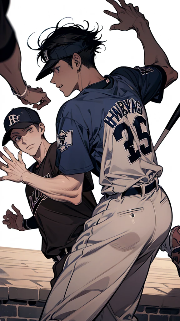 An illustration of two baseball players in uniforms high-fiving, Rob Ray and Kentaro Miura Style, Kentaro Miura&#39;s Manga Art Style, Kentaro Miura Manga Style, High quality fan art, Kentaro Miura&#39;s manga style, Inspired by Kin&#39;ichiro Ishikawa, Kentaro Miura art style, 🚿🗝📝