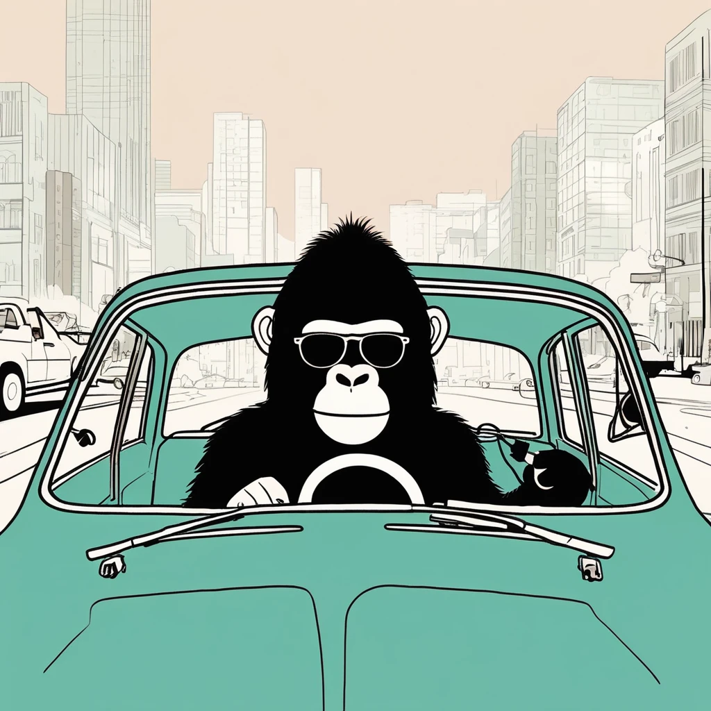 gorilla-like , sweet,very cute,art by Sophie Roach , art by Jon Klassen , art by Michael Cho , art by Sophie Roach、sunglasses,smoking,city、driving