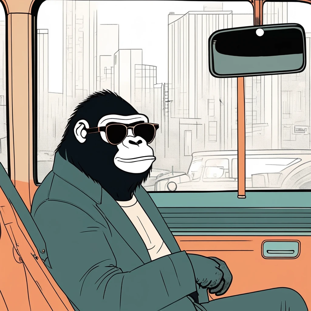 gorilla-like , sweet,very cute,art by Sophie Roach , art by Jon Klassen , art by Michael Cho , art by Sophie Roach、sunglasses,smoking,city、driving