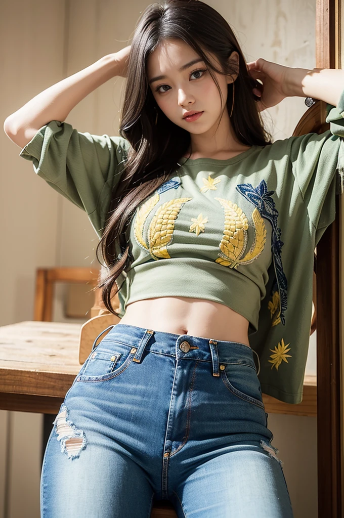 Corn leaf pattern top + jeans：Design a top with a corn leaf pattern on the top，Can be printed，It can also be embroidered。Top color can be green or beige，搭配一条jeans，Casual and personalized。