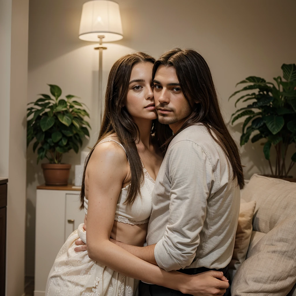 A couple made up of a man and a woman both embracing in front of the image of Jesus Christ