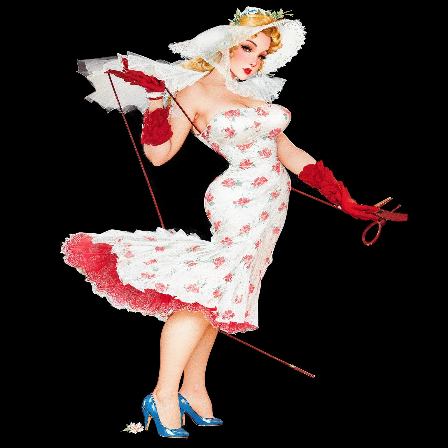 A woman in a dress、Woman wearing hat holding red and white umbrella, author:Alberto Vargas, Poster Girl, pin up girl, Poster Art, author:Coby Whitmore, author:Roy Dalgarno, Poster Girl, girl poster, gil elvgren style, Poster Girl, Jill Elfgren, pin up, vintage pin up