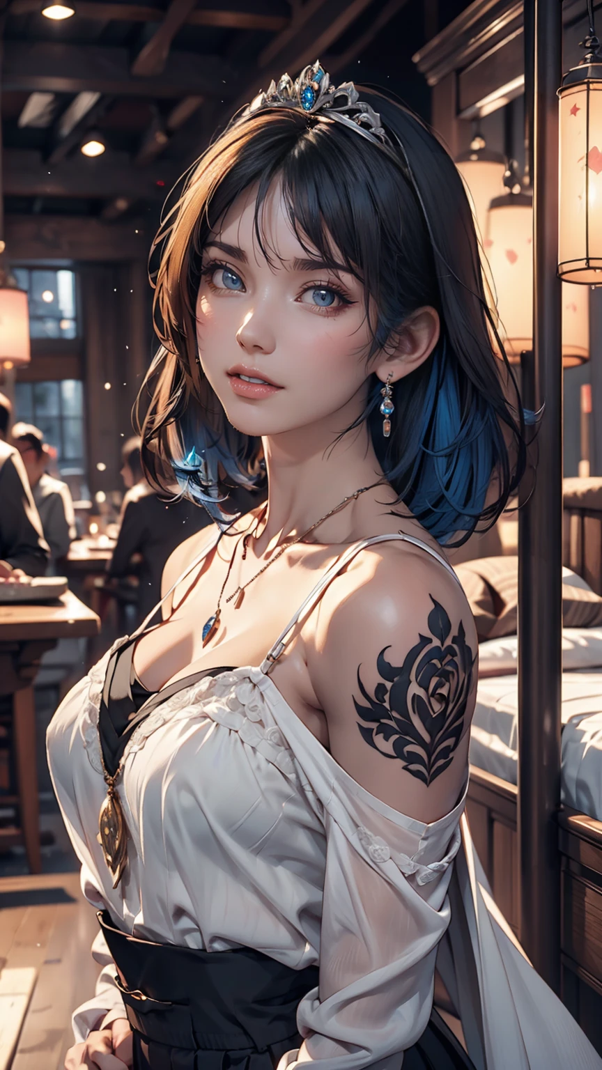 masterpiece, 最high quality, high quality, Very detailed CG uniform 8k wallpaper, One girl, alone, Blue Hair, tattoo, short hair, Have, jewelry, smile, necklace, Looking at the audience, Have, Realistic, Open your mouth, teeth, Upper Body, Best, nose, Exposing shoulders, artist name, Black tiara, clavicle, arm tattoo, blue eyes, lips, Blurry, oil, Award-winning photography, Bokeh, Depth of written boundary, High resolution, bloom, chromatic aberration, realism, Very detailed, artステーション 複雑, Attention to detail, dramatic, art：midjourney