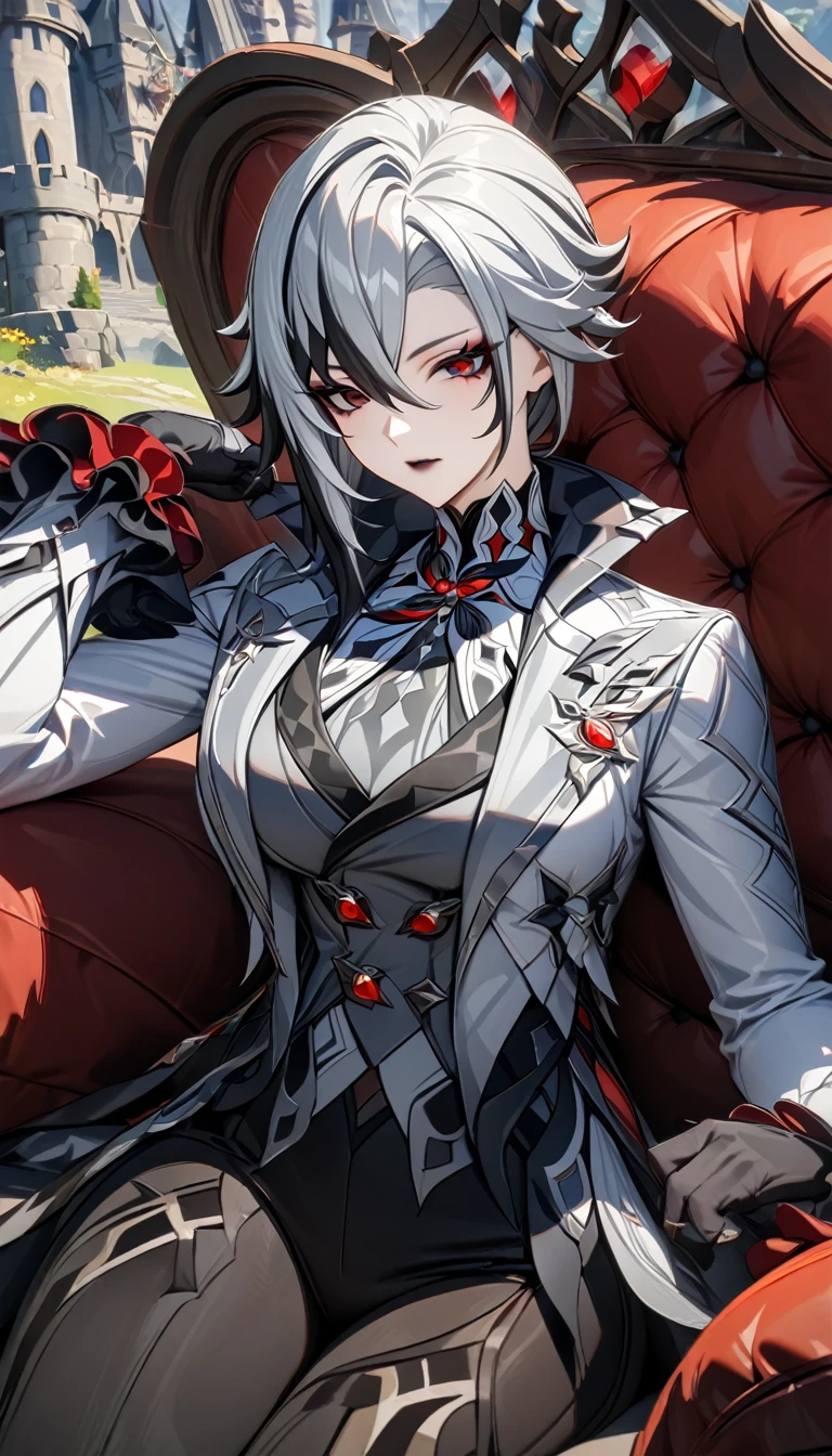 Adult women, Short gray hair, spiked hair, Red Eyes, Black eyeshadow, Black lipstick, White aristocratic jacket, Black leggings, Large Breasts, muscle, paw, castle, Sitting in an armchair, 《Genshin Impact》Arlechino, masterpiece, best quality, Full HD, 8K, Ultra Detailed, Great graphics