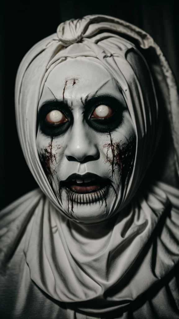Pocong . Ghost.(( Scary face.))((White eyes)) Skeleton. Movie mood horror. Blood on face. ((Realistic)). Big eyes. White eyes.((solo)). At banana leaves . Ripped skin. Skeleton