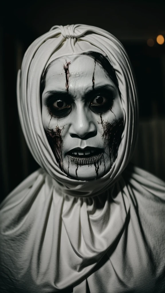 Pocong . Ghost.(( Scary face.))((White eyes)) Skeleton. Movie mood horror. Blood on face. ((Realistic)). Big eyes. White eyes.((solo)). At banana leaves . Ripped skin. Skeleton