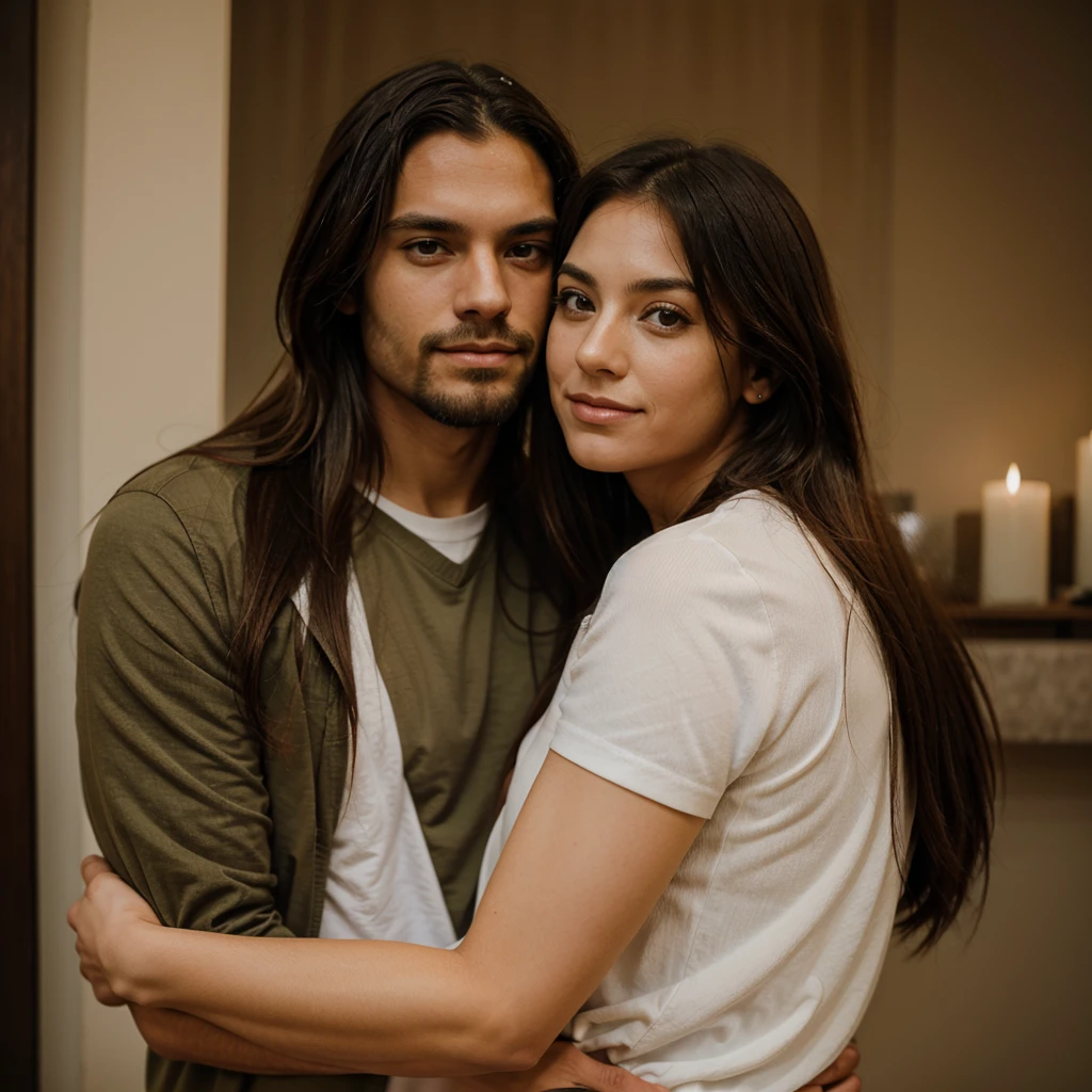 A couple made up of a man and a woman both embracing in front of the image of Jesus Christ