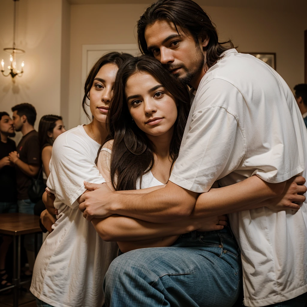 A couple made up of a man and a woman both embracing in front of the image of Jesus Christ