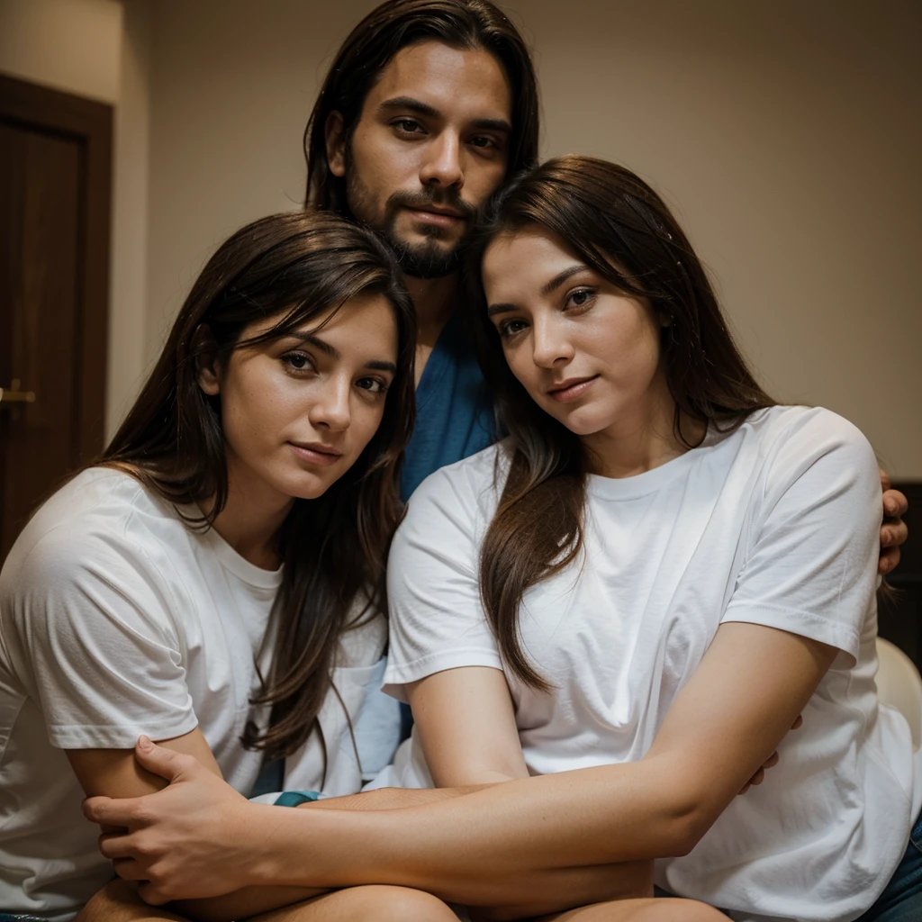 A couple made up of a man and a woman both embracing in front of the image of Jesus Christ