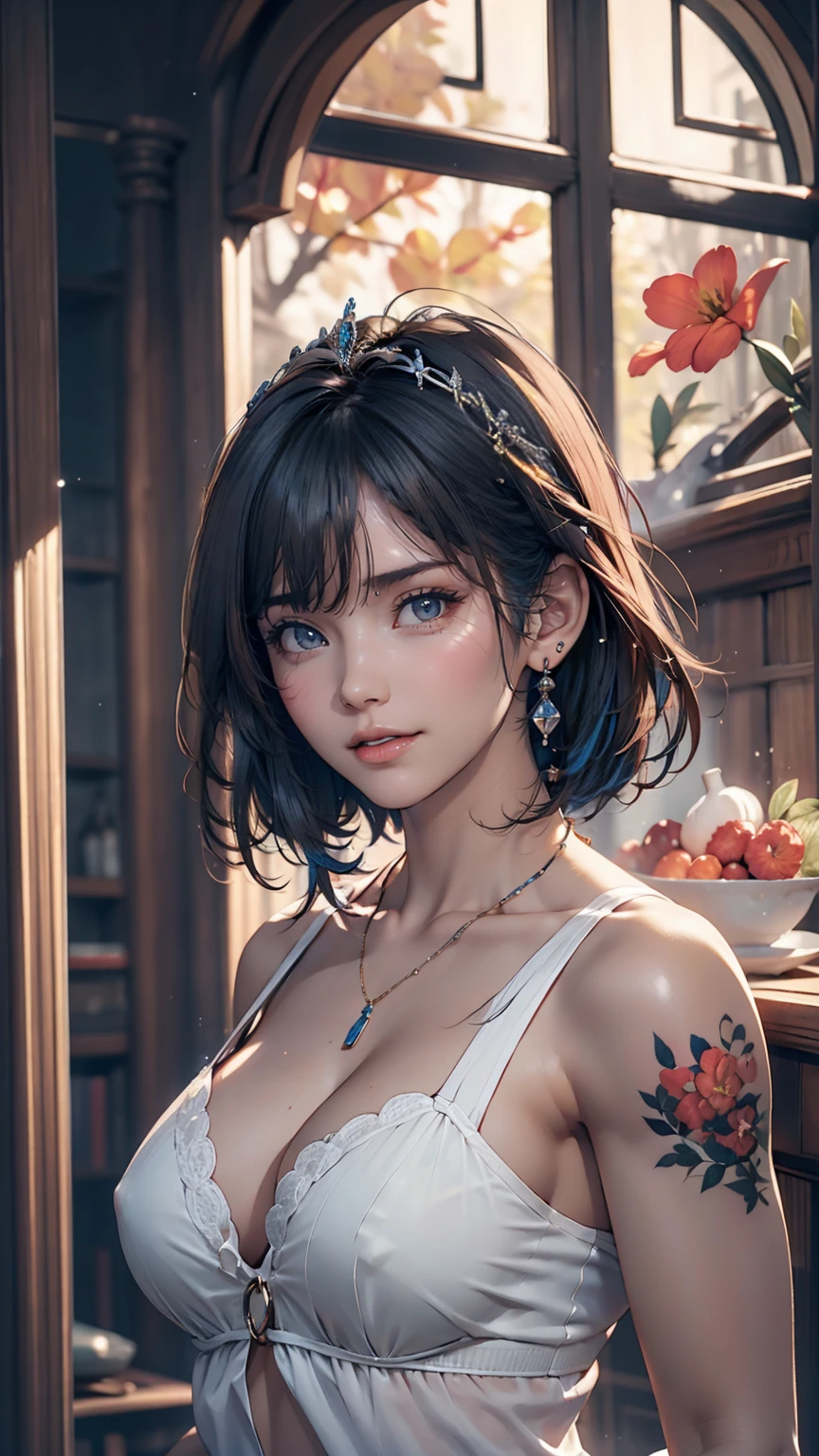 masterpiece, 最high quality, high quality, Very detailed CG uniform 8k wallpaper, One girl, alone, Blue Hair, tattoo, short hair, Have, jewelry, smile, necklace, Looking at the audience, Have, Realistic, Open your mouth, teeth, Upper Body, Best, nose, Exposing shoulders, artist name, Black tiara, clavicle, arm tattoo, blue eyes, lips, Blurry, oil, Award-winning photography, Bokeh, Depth of written boundary, High resolution, bloom, chromatic aberration, realism, Very detailed, artステーション 複雑, Attention to detail, dramatic, art:midjourney