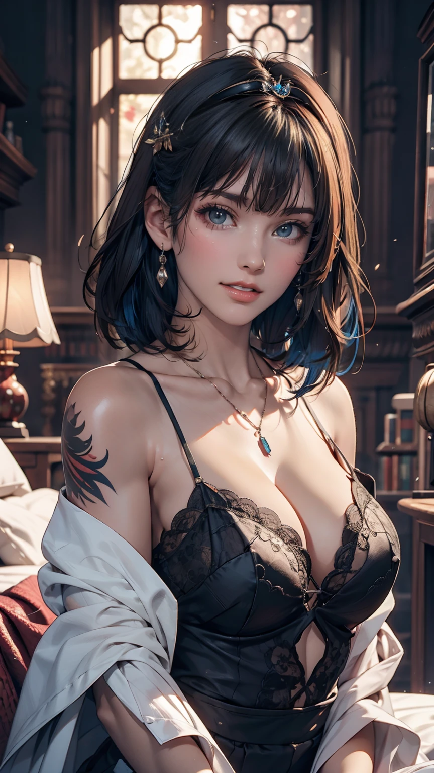 masterpiece, 最high quality, high quality, Very detailed CG uniform 8k wallpaper, One girl, alone, Blue Hair, tattoo, short hair, Have, jewelry, smile, necklace, Looking at the audience, Have, Realistic, Open your mouth, teeth, Upper Body, Best, nose, Exposing shoulders, artist name, Black tiara, clavicle, arm tattoo, blue eyes, lips, Blurry, oil, Award-winning photography, Bokeh, Depth of written boundary, High resolution, bloom, chromatic aberration, realism, Very detailed, artステーション 複雑, Attention to detail, dramatic, art:midjourney