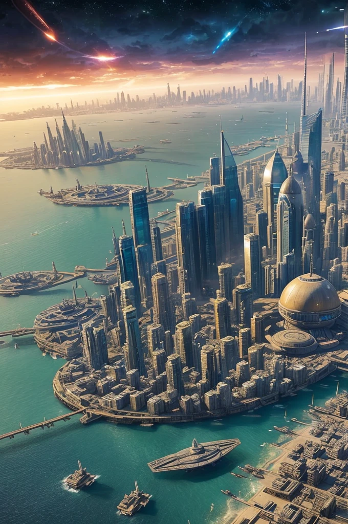 Take a photograph of a city where all the races of the universe meet called Coruscant.. It is a city that serves as the political center, cultural and financial of the galaxy, and is the headquarters of the Galactic Republic and the Galactic Empire. It's getting dark in the city