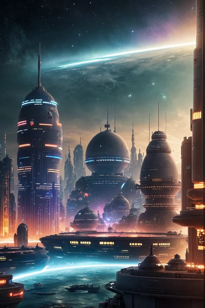 Take a photograph of a city where all the races of the universe meet called Coruscant.. It is a city that serves as the political center, cultural and financial of the galaxy, and is the headquarters of the Galactic Republic and the Galactic Empire. It's getting dark in the city