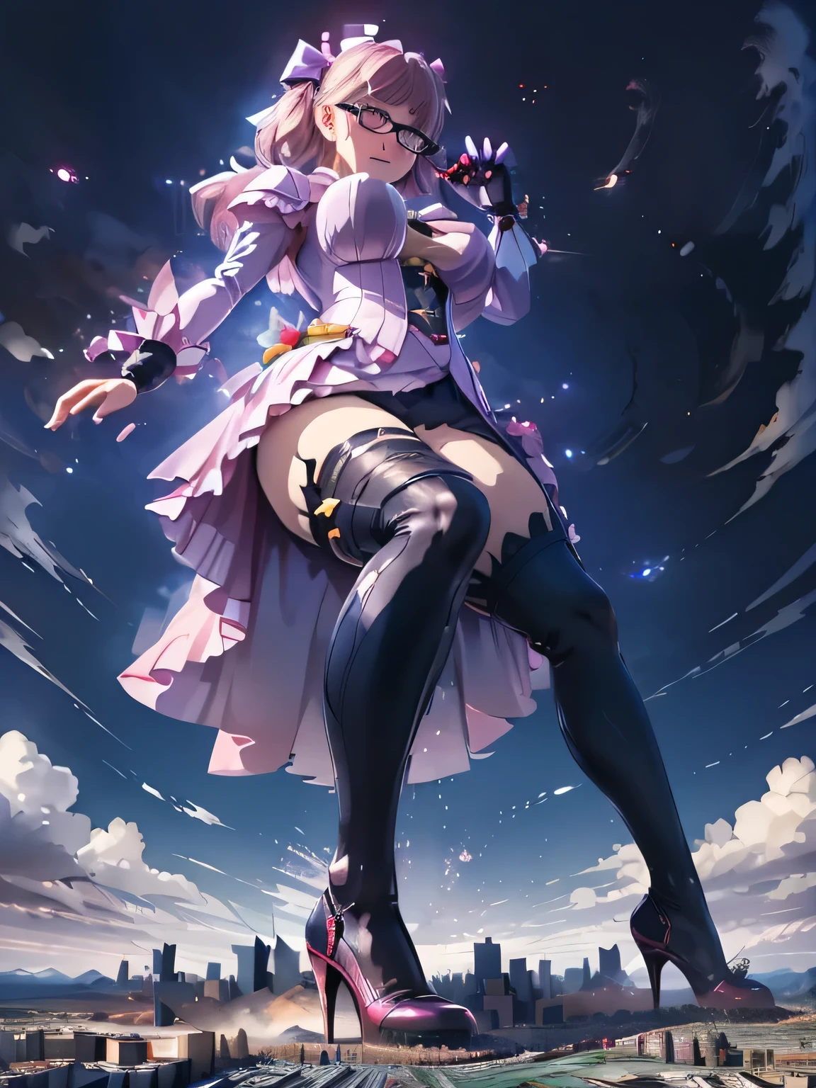 multiple girls, giantess art, highly detailed giantess shots, giantess, most detailed, perfect face, Two legs, Five fingers, A beautiful girl who is bigger than a skyscraper, Wearing rimless glasses, smile, huge breasts, blue base magical girl dress, bow, magical girl, holding a magical wand, black pantyhose, blue stiletto heels, thunderbolt from a magical wand, Destroying cities, Under heavy attack, A very small big city, Miniature metropolis, Full body description, GTS, giga giantess, stomping city, crash city, tiny city, micro city, pantyhose feet, High resolution, highest quality, masterpiece, 