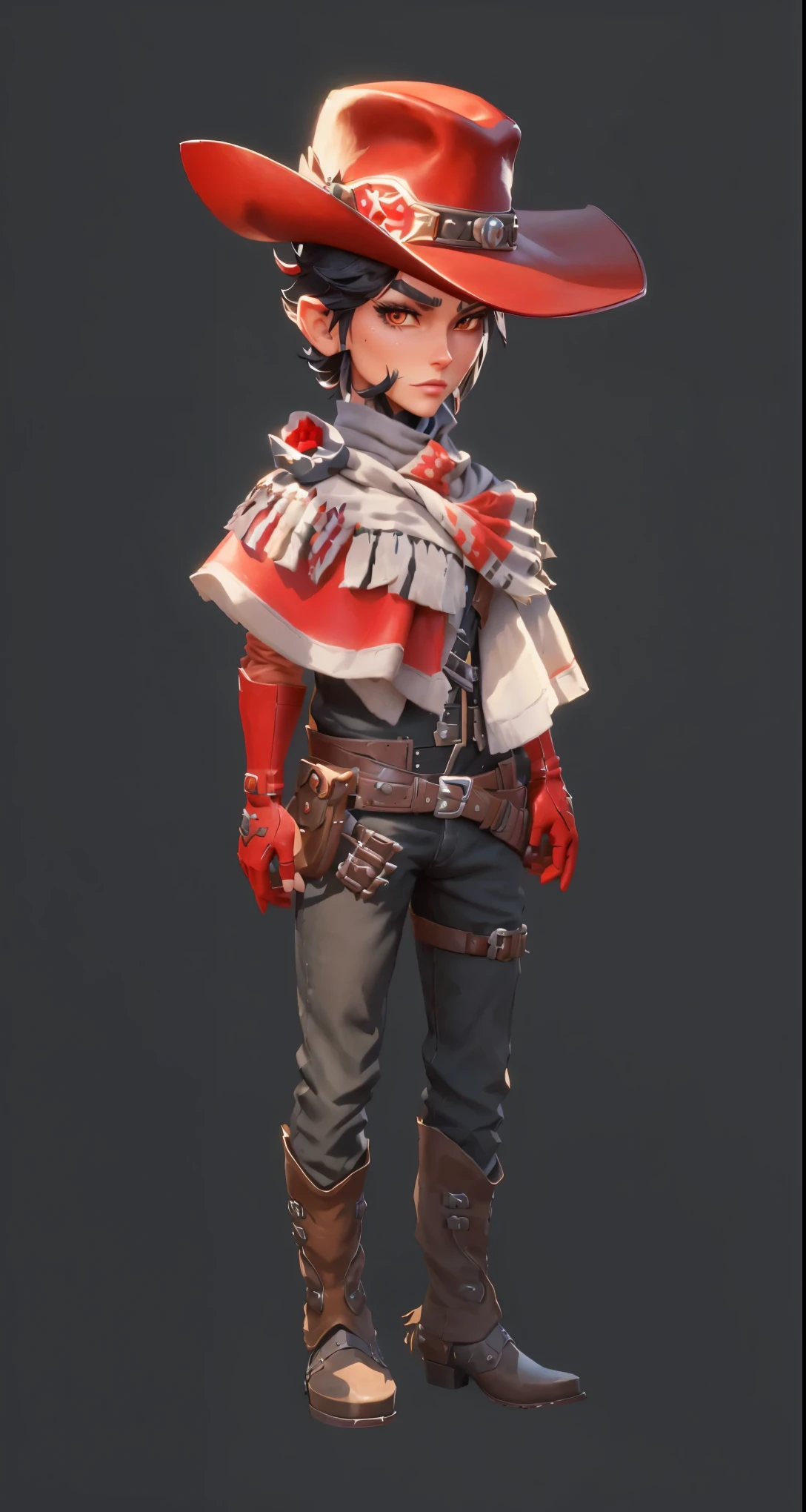 Cowboy wearing hat and mittens and red gloves, Stylized characters design, very Stylized characters design, very detailed character, Stylized characters, Super detailed fantasy characters, game character, game character design, Full body portrait, videogame character, Unrealistic character concept, video game character concept, 3D rendering style, Male Characters, Full body portrait