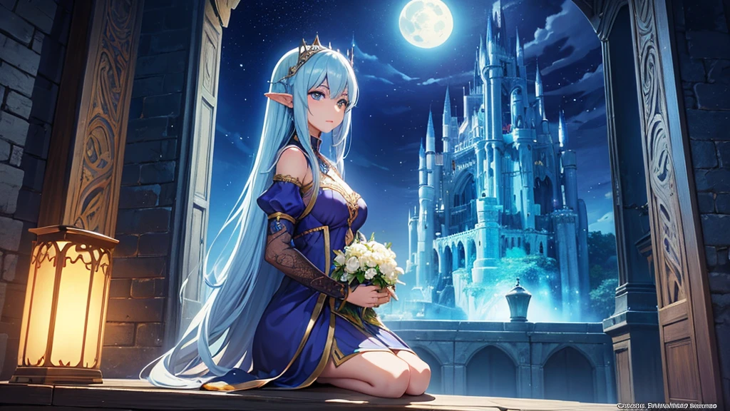 high quality、8k、Arabic style portrait of a woman sitting on a bench in front of a castle, night、full moon、Gwaise Style、neon、Beautiful fantasy anime, Detailed fantasy digital animation, Fantasy anime style, epic Fantasy anime style hd, Detailed fantasy anime, Beautiful and elegant elven queen, 2. 5d cgi anime fantasy artwork, Epic fantasy digital art style, Fantasy-style anime, Very beautiful fantasy art、16:9