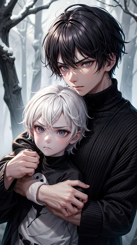 *Boy with black wolf cut hair and black eyes, white skinned and a little angry, a pretty and tender face, black sweater with a skull print, with forest landscape at night*