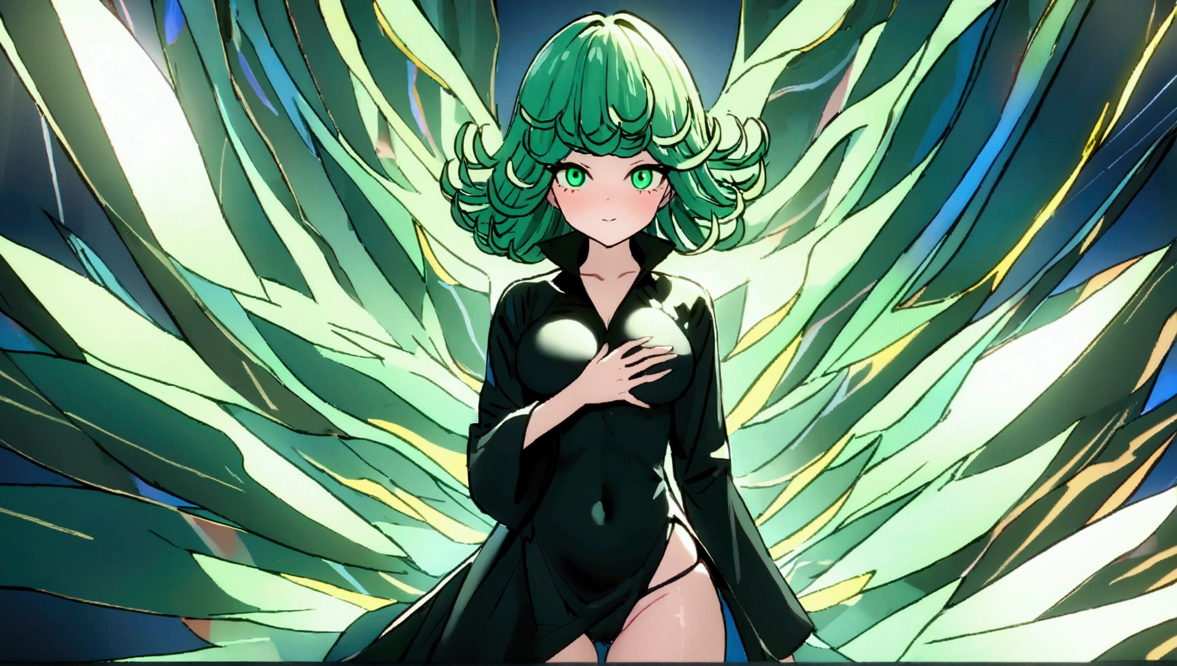 (best qualityer 1.2), work of art, best qualityer, (colorfully), tatsumaki, 1 girl, Volumetric Light, Ray tracing, (anatomical correct), (Full Body 1.1), Body cute, eyes glowing green, rosy cheeks, gazing at viewer, visible legs, raised thong panties, black gown, sexly, HDR, medium breasts, a hand on the breast, 独奏