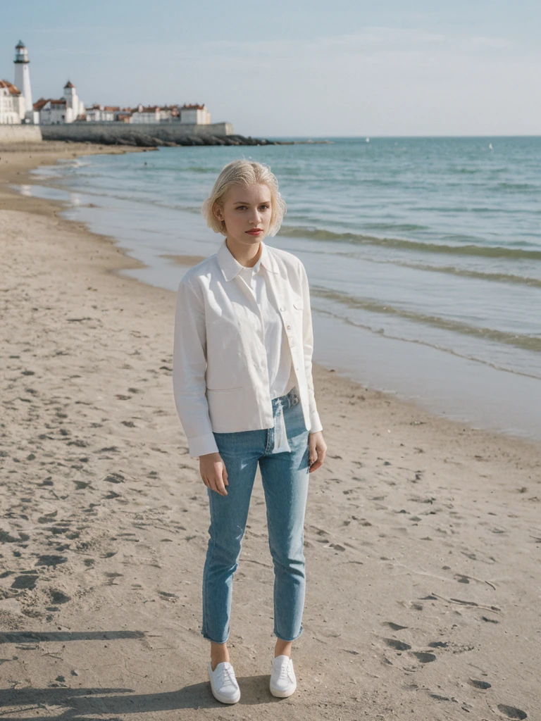 her name is Amelie, high quality, 1girl, ((25-year-old fit Caucasian woman)), ((25 years old)), ((SLIM)), ((short blonde hair)), pose: standing, wearing fashionable Generation-Z modern wear different colored, BACKGROUND: "Walking along the Grande Plage, with its beautiful coastline and historic lighthouse."