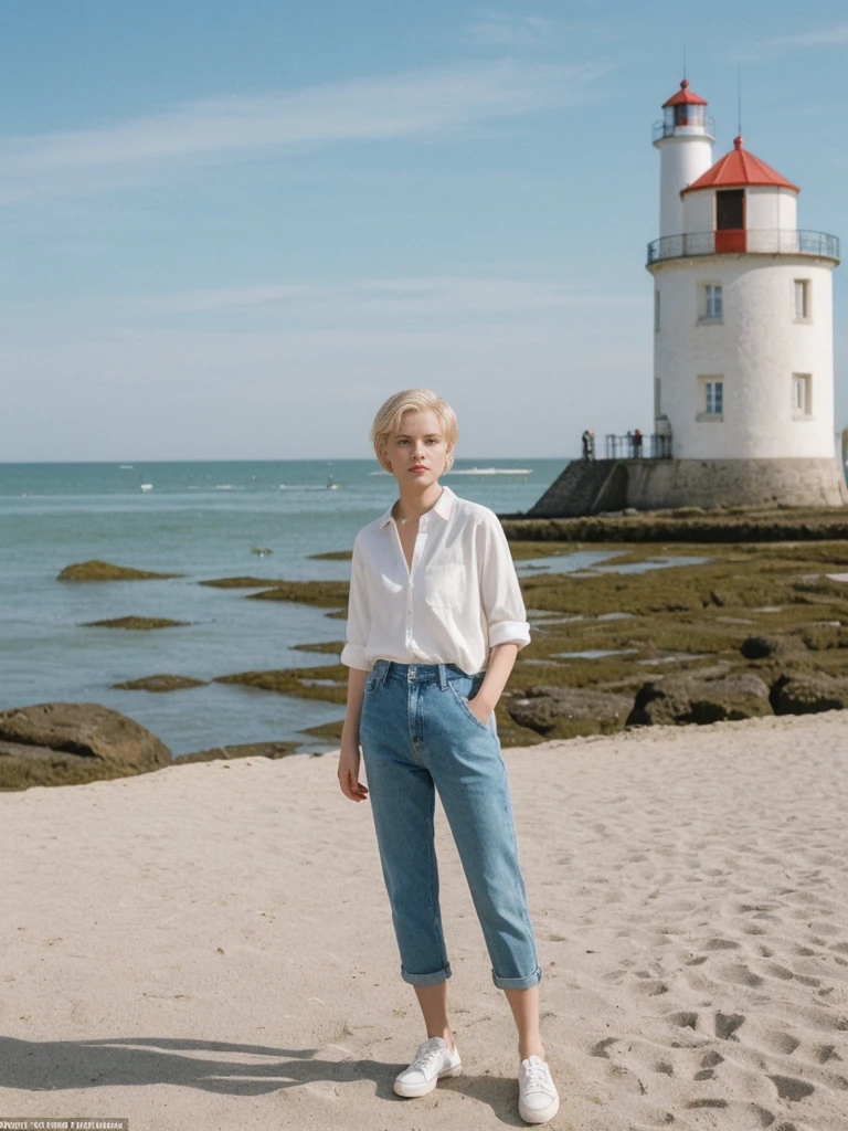 her name is Amelie, high quality, 1girl, ((25-year-old fit Caucasian woman)), ((25 years old)), ((SLIM)), ((short blonde hair)), pose: standing, wearing fashionable Generation-Z modern wear different colored, BACKGROUND: "Walking along the Grande Plage, with its beautiful coastline and historic lighthouse."