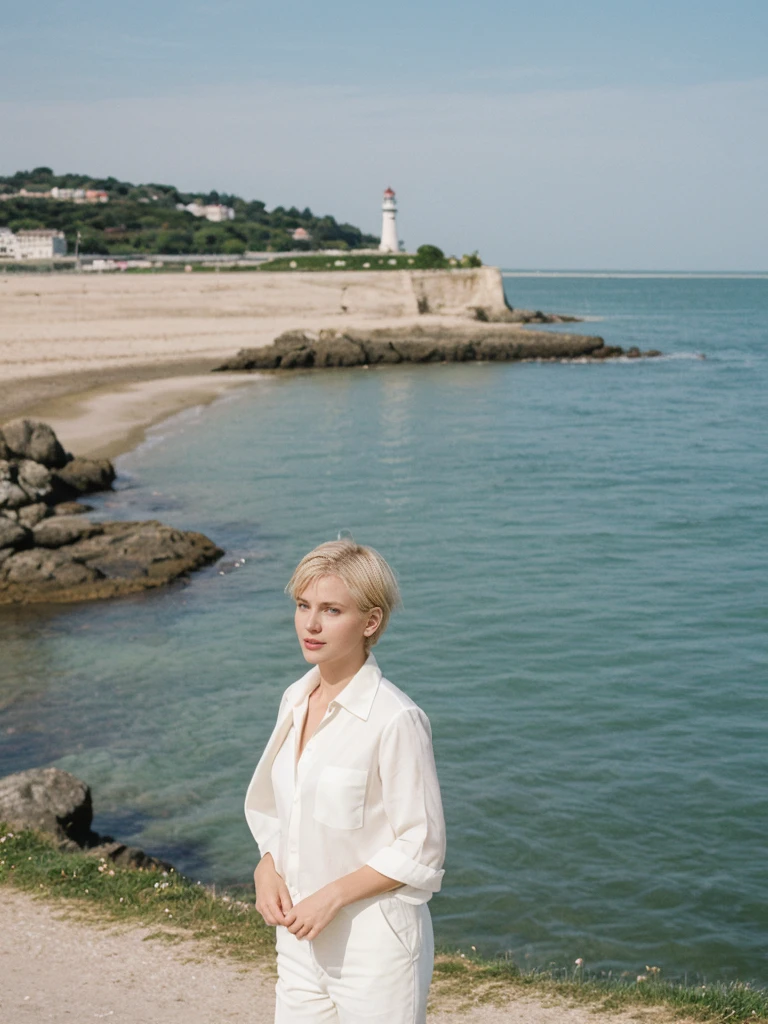 her name is Amelie, high quality, 1girl, ((25-year-old fit Caucasian woman)), ((25 years old)), ((SLIM)), ((short blonde hair)), pose: standing, wearing fashionable Generation-Z modern wear different colored, BACKGROUND: "Walking along the Grande Plage, with its beautiful coastline and historic lighthouse."