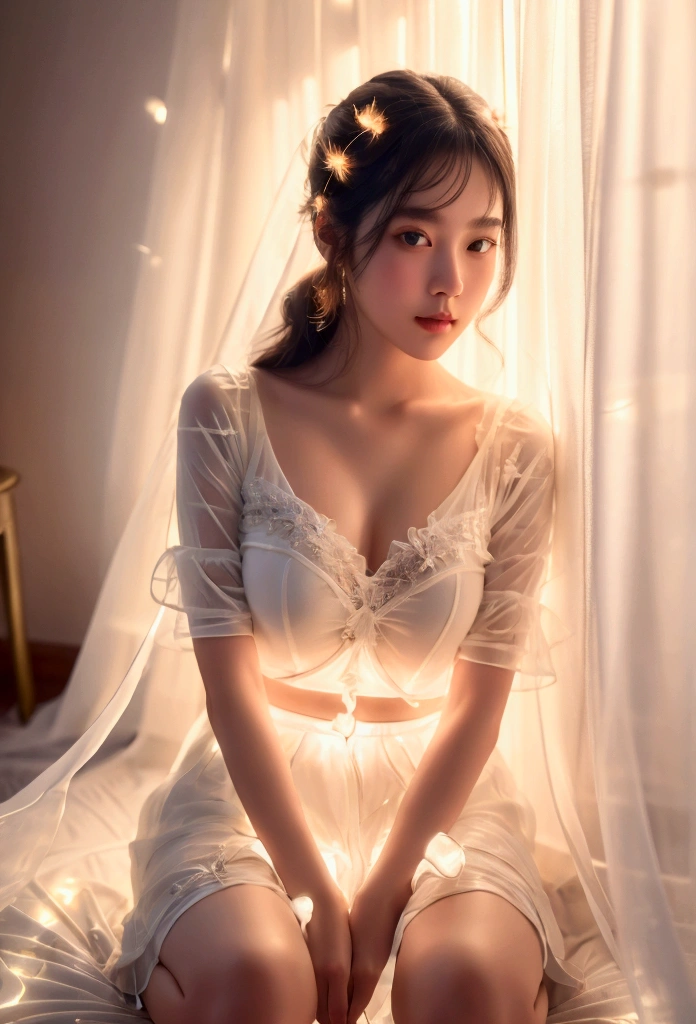 Illustration style made of light, high resolution, (a shining masterpiece: 1.4), very detailed, (((element of light_detailed face, detailed expression)), girl, best friend, comfortable, Busy time, sitting on bed, sit on the floor,  background of the room, friend, 가장 친한 friend, house, curtain, bed, 