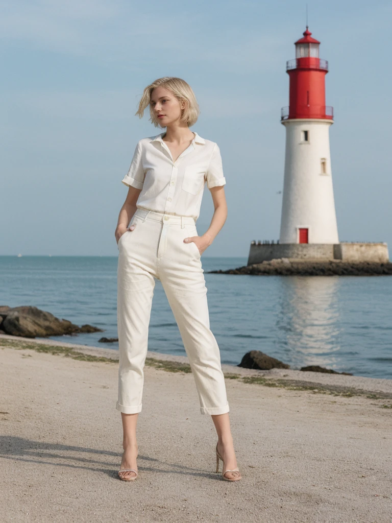 her name is Amelie, high quality, 1girl, ((25-year-old fit Caucasian woman)), ((25 years old)), ((SLIM)), ((short blonde hair)), pose: standing, wearing fashionable Generation-Z modern wear different colored, BACKGROUND: "Walking along the Grande Plage, with its beautiful coastline and historic lighthouse."