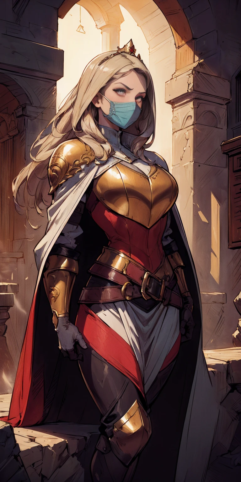 Subject:
Solo Girl
Attire:
Mask (full or partial, hiding her face)
Hood (possibly attached to the mask or separate)
Cape (flowing dramatically)
Belt (adorned or functional)
Armor (detailed and protective)
Cloak (adding mystery and grandeur)
Red Gloves/Gauntlets (adding a pop of color and emphasizing strength)
BKCrown (presumably a beautiful crown, possibly with black accents)
Setting:
Castle Interior (grand and imposing)
Throne (ornate and powerful)
Elbow Rest (emphasizing a relaxed yet authoritative pose)
Visual Style:
Masterpiece (exceptional quality)
Best Quality (highest detail and resolution)
Absurdness (a hint of the unexpected or unusual)
4K Resolution (sharp and lifelike)
Aesthetic (visually pleasing and captivating)
Detailed (intricate and richly textured)
Perfect Lighting (dramatic and evocative)