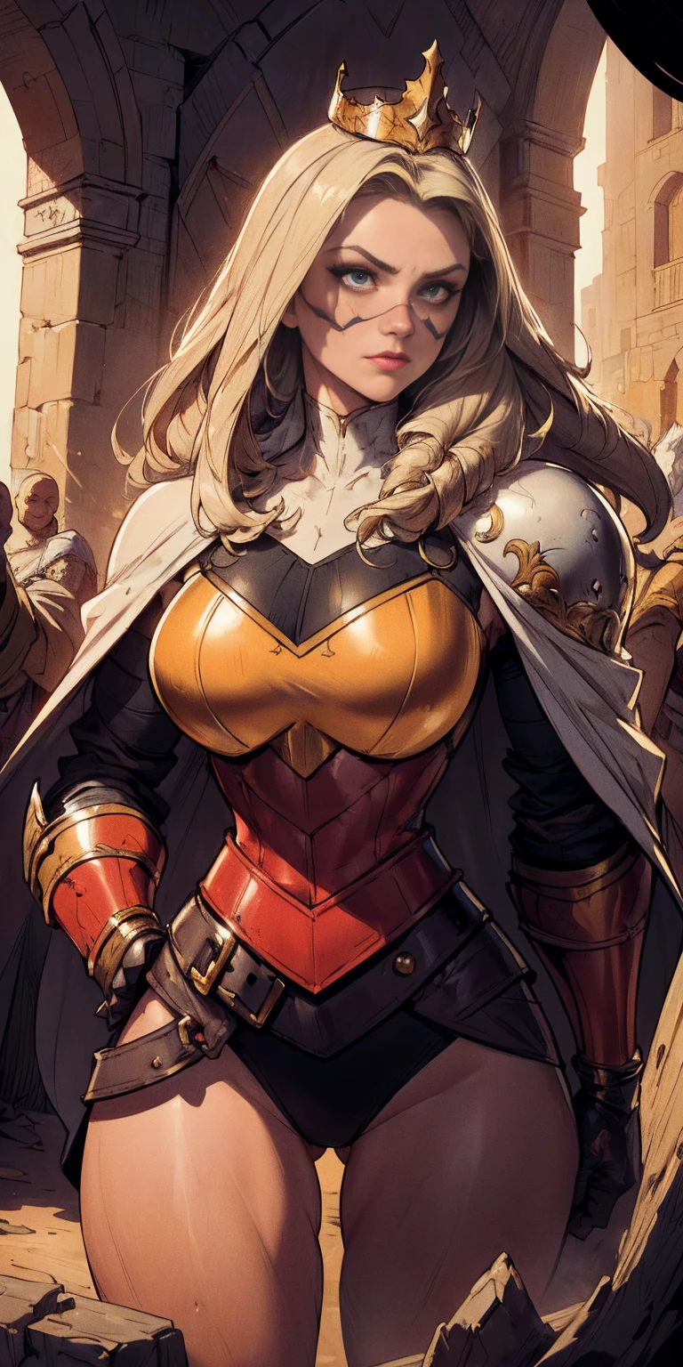 Subject:
Solo Girl
Attire:
Mask (full or partial, hiding her face)
Hood (possibly attached to the mask or separate)
Cape (flowing dramatically)
Belt (adorned or functional)
Armor (detailed and protective)
Cloak (adding mystery and grandeur)
Red Gloves/Gauntlets (adding a pop of color and emphasizing strength)
BKCrown (presumably a beautiful crown, possibly with black accents)
Setting:
Castle Interior (grand and imposing)
Throne (ornate and powerful)
Elbow Rest (emphasizing a relaxed yet authoritative pose)
Visual Style:
Masterpiece (exceptional quality)
Best Quality (highest detail and resolution)
Absurdness (a hint of the unexpected or unusual)
4K Resolution (sharp and lifelike)
Aesthetic (visually pleasing and captivating)
Detailed (intricate and richly textured)
Perfect Lighting (dramatic and evocative)
