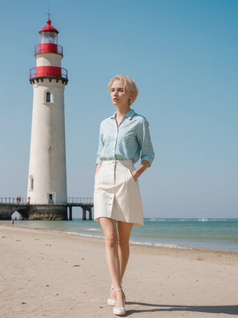 her name is Amelie, high quality, 1girl, ((25-year-old fit Caucasian woman)), ((25 years old)), ((SLIM)), ((short blonde hair)), pose: standing, wearing fashionable Generation-Z modern wear different colored, BACKGROUND: "Walking along the Grande Plage, with its beautiful coastline and historic lighthouse."