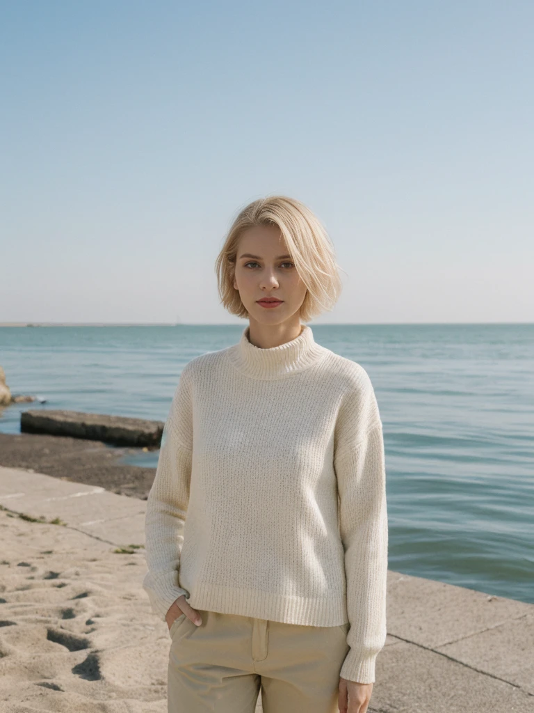 her name is Amelie, high quality, 1girl, ((25-year-old fit Caucasian woman)), ((25 years old)), ((SLIM)), ((short blonde hair)), pose: standing, wearing fashionable Generation-Z modern wear different colored, BACKGROUND: "Walking along the Grande Plage, with its beautiful coastline and historic lighthouse."