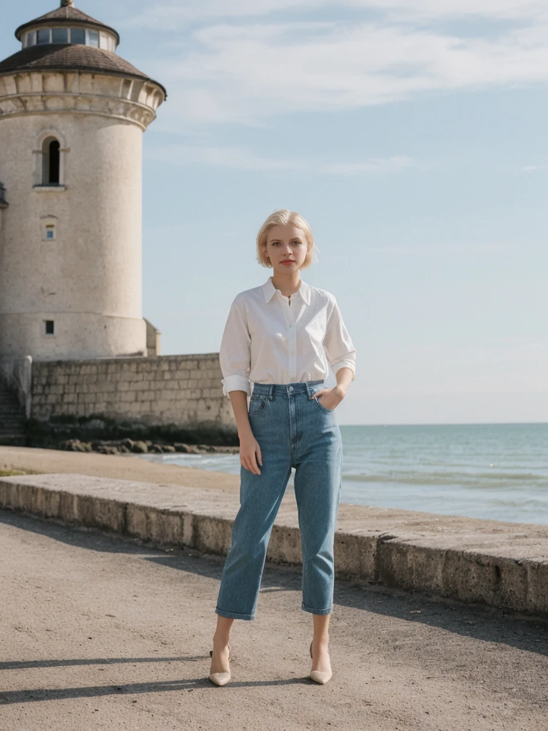 her name is Amelie, high quality, 1girl, ((25-year-old fit Caucasian woman)), ((25 years old)), ((SLIM)), ((short blonde hair)), pose: standing, wearing fashionable Generation-Z modern wear different colored, BACKGROUND: "Walking along the Grande Plage, with its beautiful coastline and historic lighthouse."