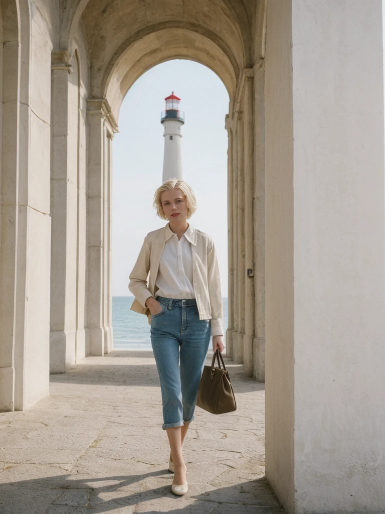 her name is Amelie, high quality, 1girl, ((25-year-old fit Caucasian woman)), ((25 years old)), ((SLIM)), ((short blonde hair)), pose: standing, wearing fashionable Generation-Z modern wear different colored, BACKGROUND: "Walking along the Grande Plage, with its beautiful coastline and historic lighthouse."