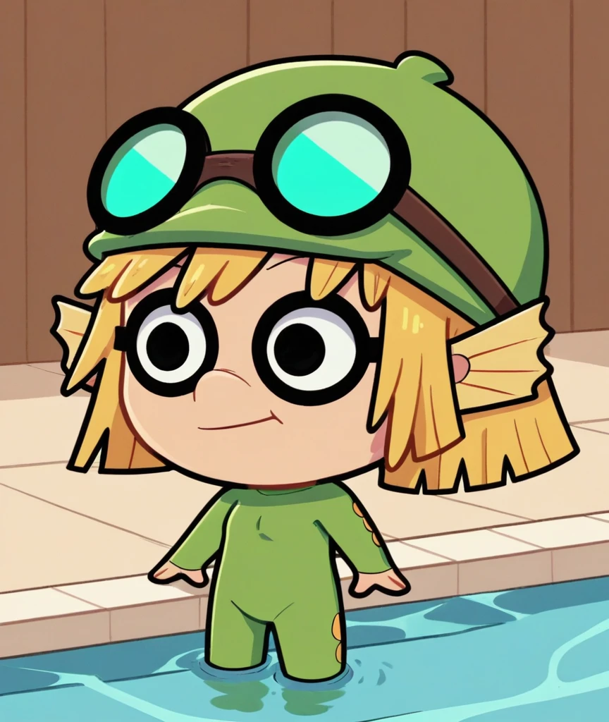 lisaloud, 1girl, solo, green tight One piece swimsuit, Yellow Fins, green tight swim cap, black Goggles, standing in Pool, chibi, score_9, score_8_up, score_7_up, swimming 