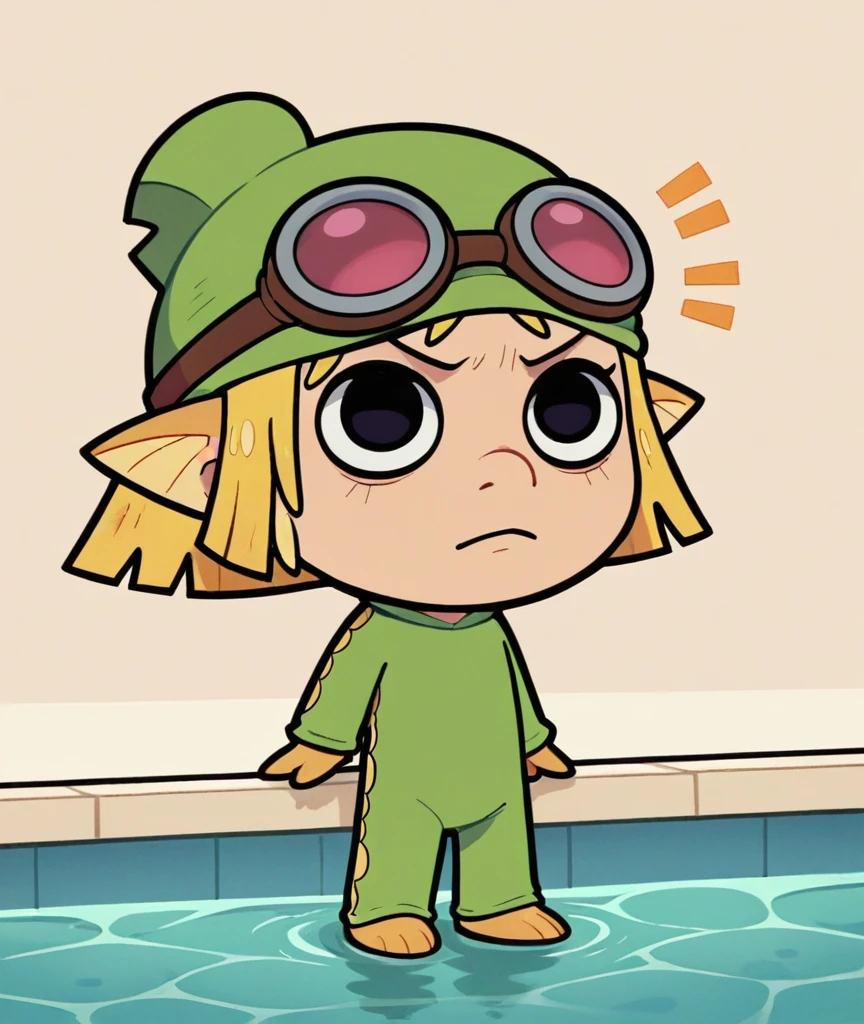 lisaloud, 1girl, solo, green tight One piece swimsuit, Yellow Fins, green tight swim cap, black Goggles, standing in Pool, chibi, score_9, score_8_up, score_7_up, swimming 