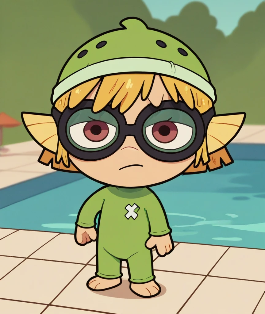 lisaloud, 1girl, solo, green tight One piece swimsuit, Yellow Fins, green tight swim cap, black Goggles, standing in Pool, chibi, score_9, score_8_up, score_7_up, swimming