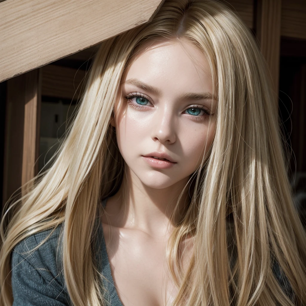blonder woman, 23 year old, greeneyes, hair blonde, long hair, big hair , long straight hair , Sexy Eyes, penetrating sensual look, realistic portrait photo, with signs on the face, Full mouth, realistic in details 