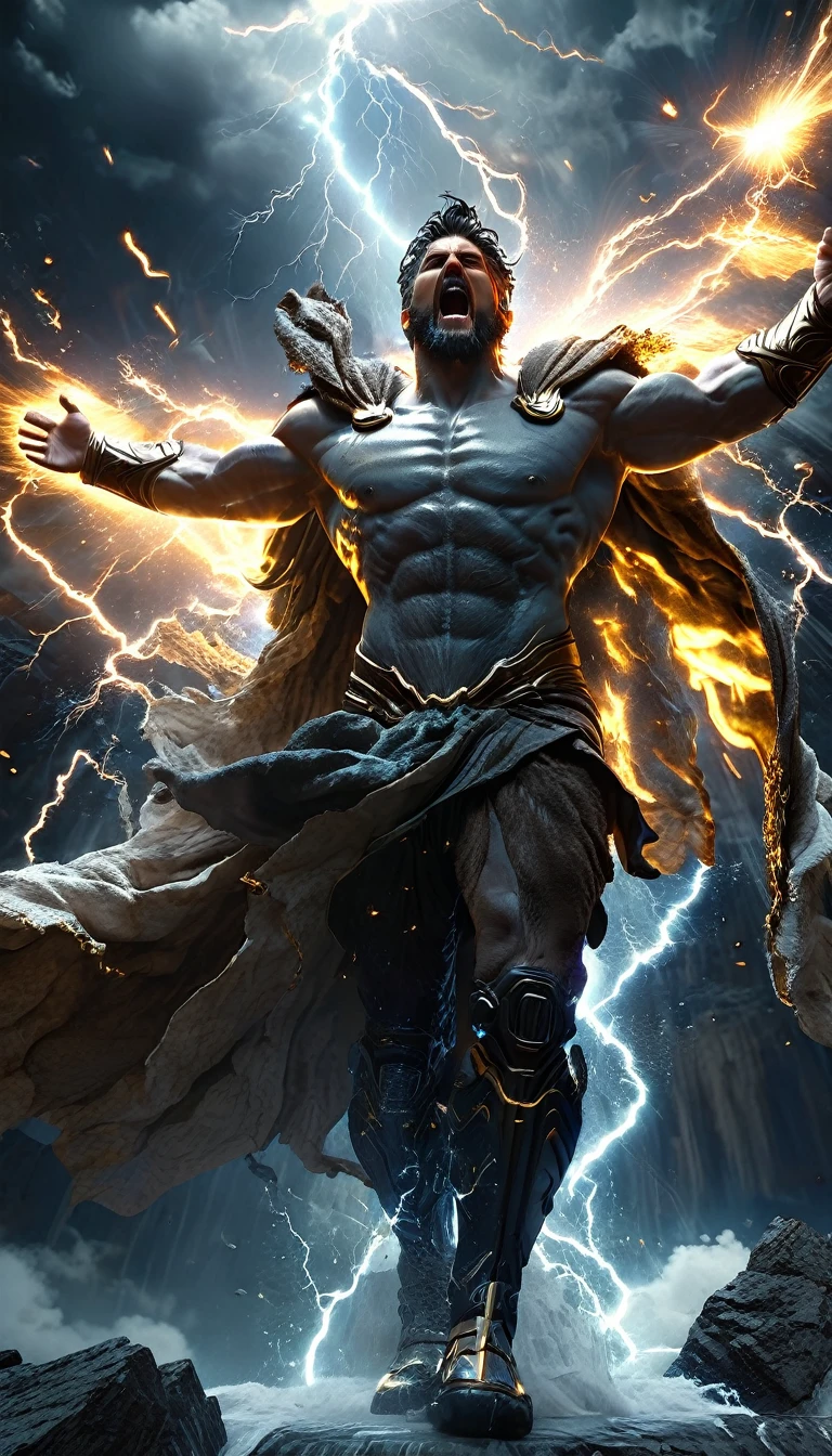 God Zeus, hero cloak, Guts pose, dynamic angle, closed eyes, scream, enchanted, spark, thunder, beautiful, AI-generated, Exquisite textures, high quality render, dynamic,dramatic,cinematic,highly detailed,4k,realistic,photorealistic,professional lighting,chiaroscuro,dark,gritty,grunge,powerful,intense,epic