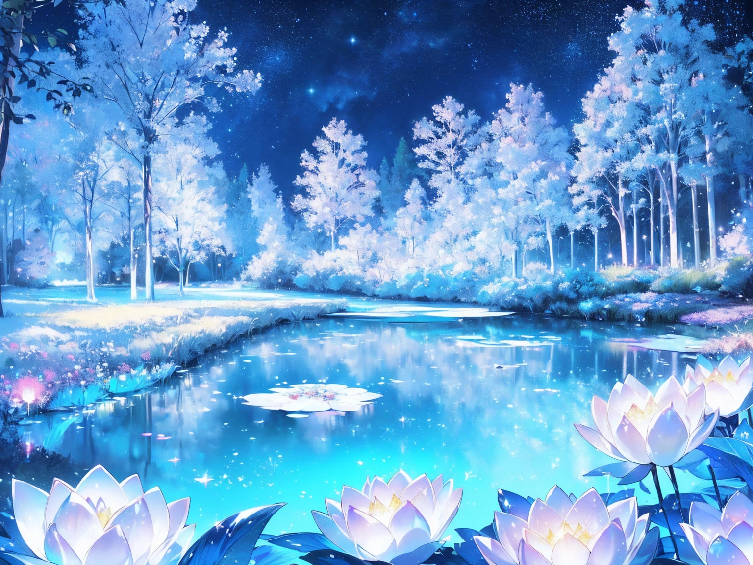 Mystical landscape with ((luminous starry blue and white flowers emitting light particles surrounding pond)),softly glowing butterflies, single beautiful sakura tree, (((unique view with extremely vivid multicolors without any people))), {extremely detailed 16k CG unity wallpaper}, expansive natural landscape photography, (wide open field view), (low angle shot),complex details, (iridescent colors: 1.6), (dark night lighting), (atmospheric lighting), Dreamy, unique, no people, reflections perfect,(no humans),landscape only, pixiv_fantasia,((starry glittering pond,water filled with shimmering stardust)),dark night
