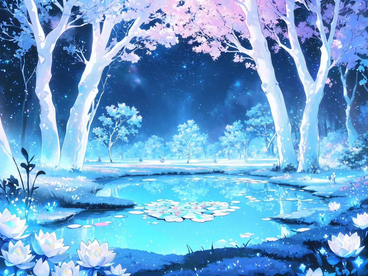 Mystical landscape with ((luminous starry blue and white flowers emitting light particles surrounding pond)),softly glowing butterflies, single beautiful sakura tree, (((unique view with extremely vivid multicolors without any people))), {extremely detailed 16k CG unity wallpaper}, expansive natural landscape photography, (wide open field view), (low angle shot),complex details, (iridescent colors: 1.6), (dark night lighting), (atmospheric lighting), Dreamy, unique, no people, reflections perfect,(no humans),landscape only, pixiv_fantasia,((starry glittering pond,water filled with shimmering stardust)),dark night