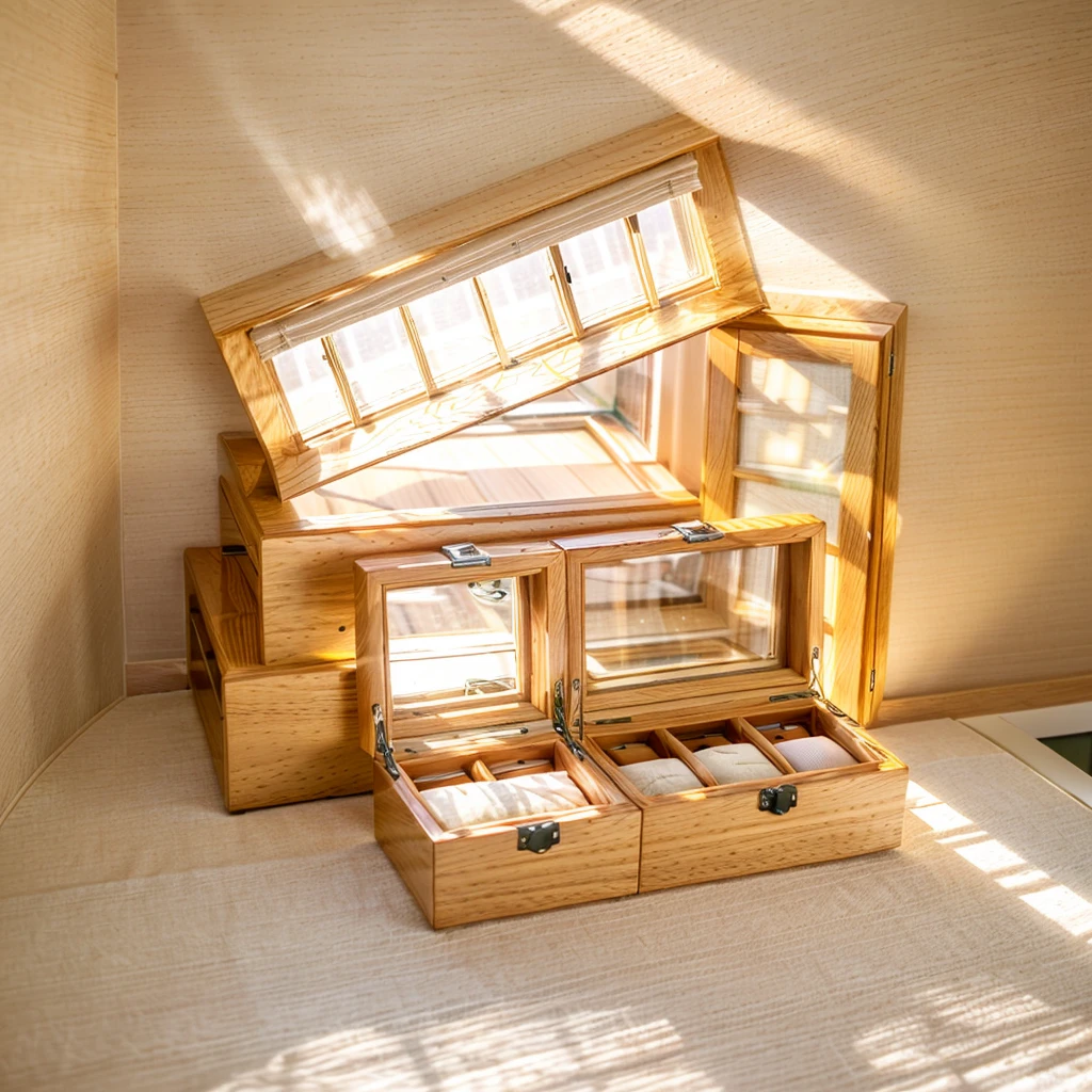 In this cozy room，A ray of sunlight shone on the table through the half-drawn curtains，Let the wood grain on the watch storage case shine with a faint sheen。There is a calm and serene atmosphere in the surrounding air。Several still lifes hang on the walls of the room，It adds a touch of elegance to the space。And on the other side of the room，A half-open window lets the breeze blow in，The pages on the small desk by the window flipped in the wind，This quiet scene gives a sense of tranquility and comfort。