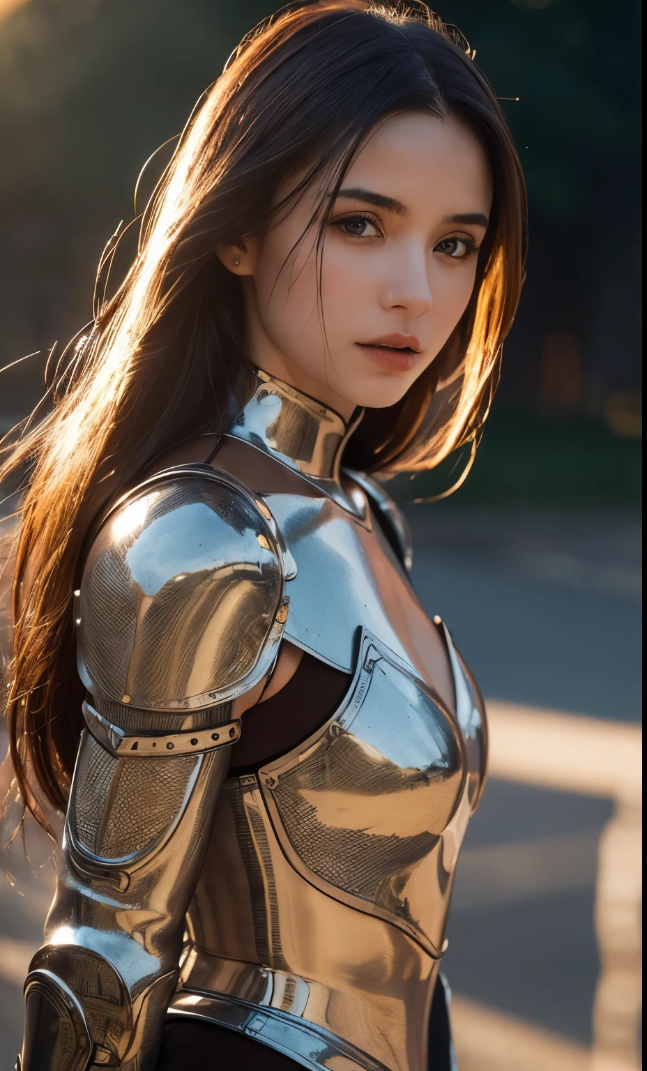(masterpiece), (Very complicated:1.3), (Realistic), Portrait of a Girl, The most beautiful in the world, (Medieval Armor), Metal Reflection, Upper Body, Outdoor, Strong sunlight, Distant Castle, Detailed professional photos of beautiful women, Sharp focus, dramatic, Awards, Cinema Lighting, Octane Rendering Unreal Engine, Volumetrics dtx, (Film Grain, Blurred Background, Blurred foreground, Bokeh, Depth of written boundary, sunset, Motion Blur:1.3), Chain Mail