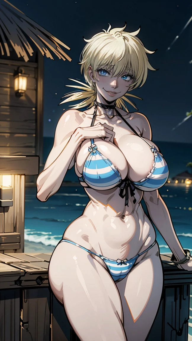 Seras Victoria,  milf, old woman, yellow hair, light blue striped bra and panties , ((light blue striped bra and panties, flushed, smile coqueta, black lipstick)) , (( flushed, smile, oiled skin, blue eyes, fornida)), picking up her breasts, (( rubor, Caderas anchas)), Curvy body, (( big sagging breast )), long legs, open legs,Iparuputsua, lying down, ((acostada)), on the beach at night, city lights in the distance, Cancun, image from below