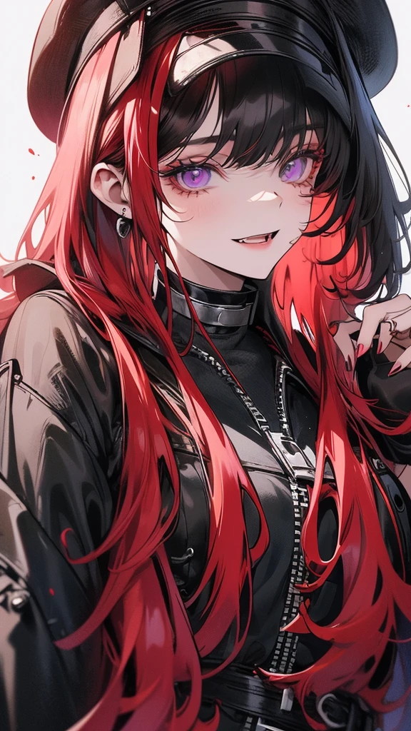 (Top resolution、Distinct_image)top-quality、A girl、masterpiece、highly detailed, half body, Semi-realistic、purple eyes 、18year old, dark red hair,young 、Exquisite facial features、Facial features ,variation potrait, long hairstyles, teenage, cool , cold sharp eyes, An expression of despair., lifeless eyes, blood on face, , {Very detailed 8k CG unit wallpaper}, Handsome, solo, female, vampires, dark cloak , loyalty , black clothes, vampires fangs